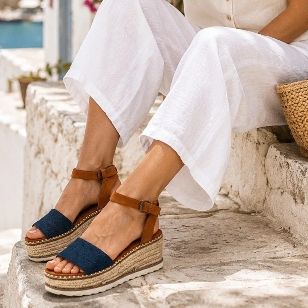 Comfort Denim Platform Espadrille Platform Sandals Size 7 Ankle Strap Coastal
